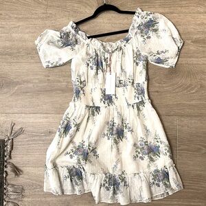 Love Shack Fancy Dress- white w/periwinkle  & blue flowers. Smocked waist. Large